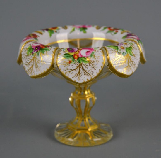 Fine Antique Hand Painted & Gilded Cut Crystal Compote
