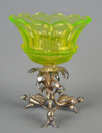 Antique Silver and Vaseline Glass 7.5 In. H Compote, Dragon Figural Feet