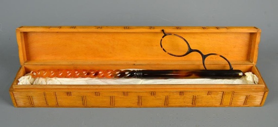 Antique Carved Tortoise Shell Lorgnette (w/o Lenses) in Hand Carved Wooden Storage Box