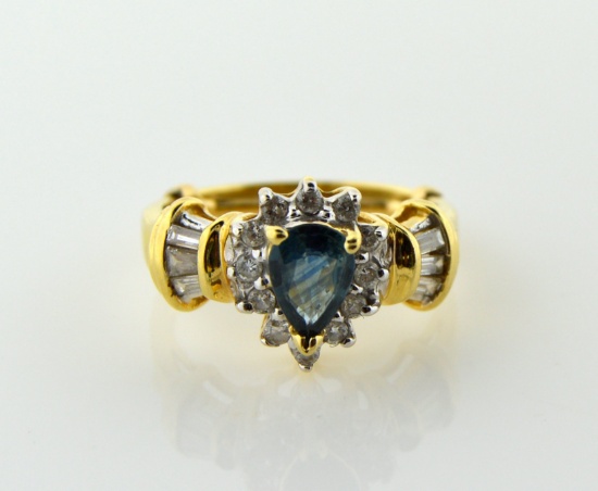 Ladies Size 6 Ring: 14K Yellow Gold, Blue Topaz Pear Solitaire, Diamonds