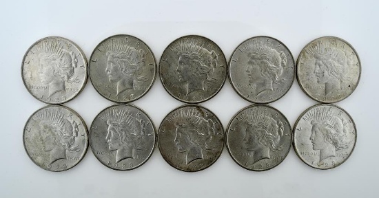 Lot of Ten US 1923 Peace Silver Dollars Philadelphia Mint, Condition As Shown