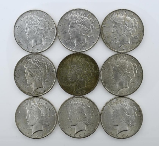 Lot of Nine US 1923 Peace Silver Dollars Philadelphia Mint, Condition As Shown