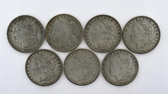 Lot of Seven US 1921 Morgan Silver Dollars; 3-P, 3-D, 1-S; Condition As Shown