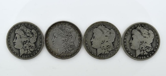Lot of Four US Morgan Silver Dollars: 1883-O, 1884, 1890-O, 1896-O; Condition As Shown