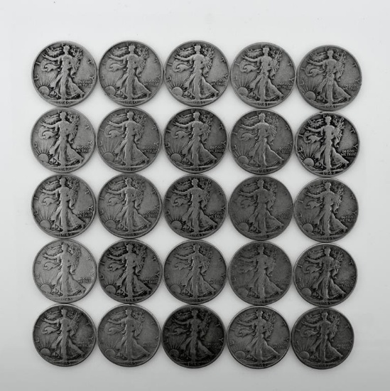 Lot of 25 1940s US Liberty Walking Silver Half Dollars; Condition As Shown