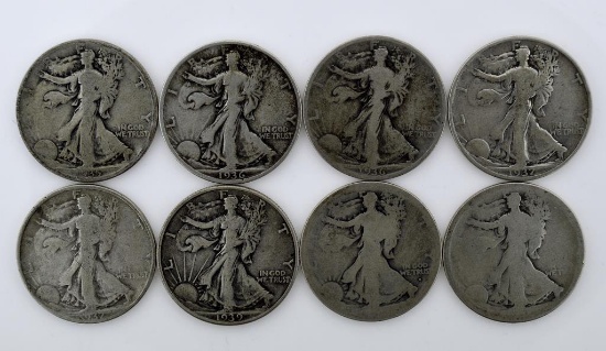 Lot of Eight Pre-40s US Liberty Walking Silver Half Dollars; Condition As Shown