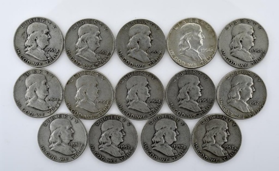 Lot of 14 US Franklin Silver Half Dollars; Condition As Shown