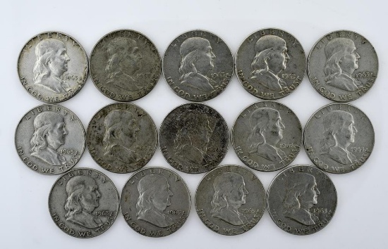 Lot of 14 US 1963 Franklin Silver Half Dollars; Condition As Shown