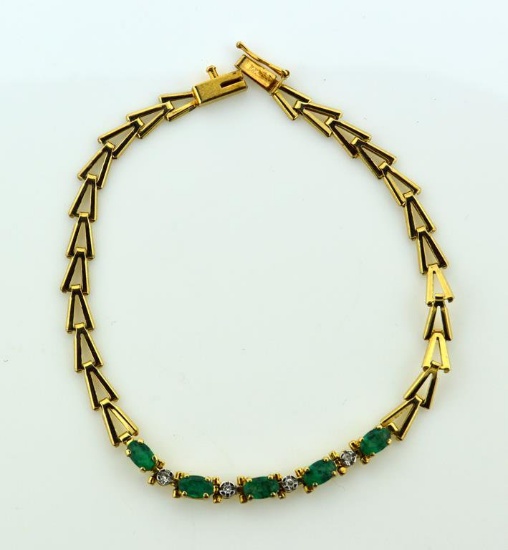 Ladies 10K Yellow Gold, Emerald & Diamond 7.25 Inch Bracelet