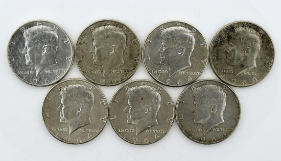 Lot of 7 US 1964 Kennedy Silver Half Dollars; Condition As Shown