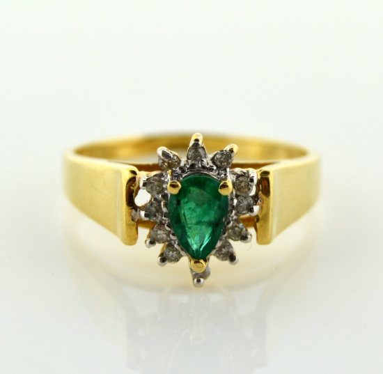 Ladies Size 7.25 Ring: 10K Yellow Gold, Emerald Pear Solitaire, Diamonds