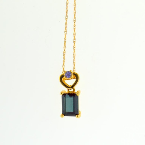 14K Yellow Gold 18 Inch Necklace w/ Dark Blue Green Emerald Cut Stone &, Small Tanzanite Pendant