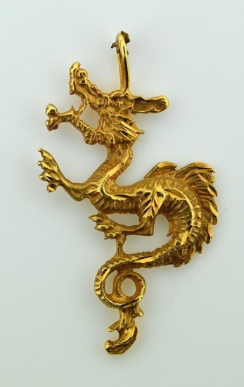 14K Yellow Gold 2 Inch Dragon Pendant, 3.3 DWT