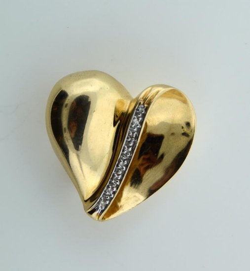 14K Yellow Gold and Diamond Heart Pin, 1 Inch, 2.9 DWT