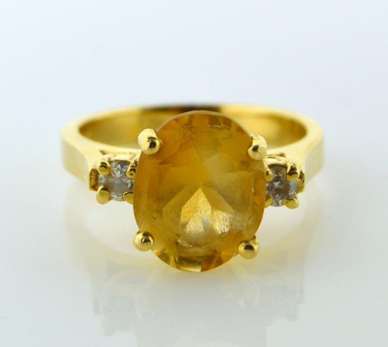 Ladies Size 5 Ring: 14K Yellow Gold, Citrine Oval Solitaire, Diamonds