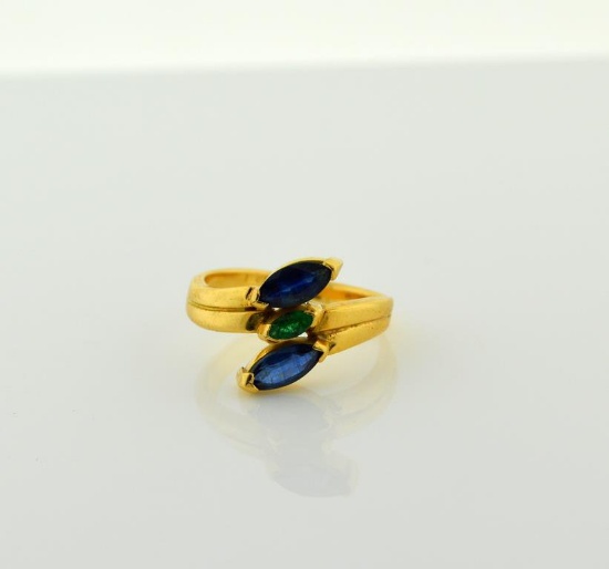 Ladies Size 4.75 Ring: 18K Yellow Gold, Sapphire and Emerald Marquise Stones