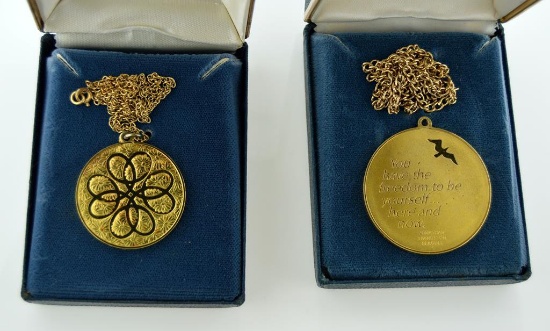 Two Sterling Silver 24K Gold Electroplate Medallion Pendants w/ 18 Inch Chains