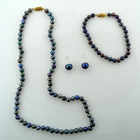 Black Iridescent Freshwater Pearl Parure: 18 In. Necklace, 7.25 In. Bracelet, Earrings; 14K Clasp
