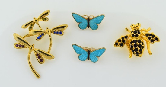 Lot of Four Vintage Insect Pins : Dragonflies, Butterflies, Bee, 1 to 1½ Inches
