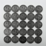 Lot of 25 1940s US Liberty Walking Silver Half Dollars; Condition As Shown