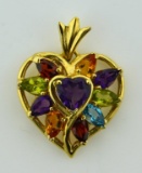 10K Yellow Gold & Gemstone 1 Inch Heart Pendant ( Amethyst, Citrine, Garnet, Blue Spinel, Iolite)