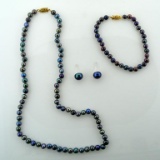 Black Iridescent Freshwater Pearl Parure: 18 In. Necklace, 7.25 In. Bracelet, Earrings; 14K Clasp