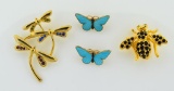 Lot of Four Vintage Insect Pins : Dragonflies, Butterflies, Bee, 1 to 1½ Inches