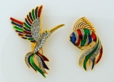 Two Vintage Enamel And Pave Set Rhinestone Pins: 2 Inch Fish & 2.75 Inch Hummingbird