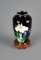 Fine Japanese Cloisonne 7 Inch Vase w/ Wooden Stand, White Flower on Black Ground