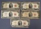 Lot of Five US Notes Two Dollars, Series 1963 (3), 1953A (2), Condition As Shown