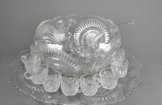 Antique Hobstar & Daisy EAPG Pressed Glass Punch Bowl w/ 24 Inch Undertray, Ladle & 14 Cups