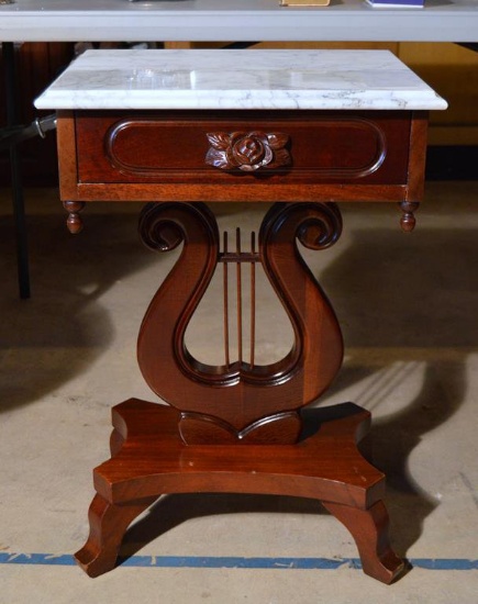 Vintage Marble Top Mahogany Lyre / Harp Federal Style End Table, Lots 17 & 18 Match