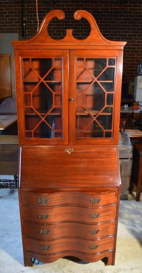 Vintage Recurve Drop-Front Mahogany Secretary and Hutch