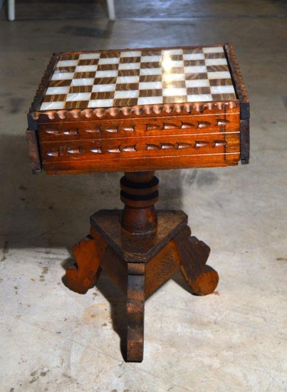 Vintage Onyx Chess Board Game Table, Oak / Pine Base, Two Side Drawers For Game Pieces