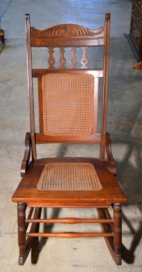 Antique Oak & Walnut Rocker Rocking Chair, Caned Seat & Back