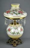 Antique Handpainted Glass 21 Inch Table Lamp w/ Prism Decorated Top Shade, Lights Bottom & Top