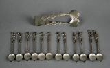 Set of 12 Antique Collectible Silver Plate Demitasse Spoons & Sugar Tongs, Made In Italy