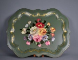 Antique Green Tole Painted 29 Inch Metal Serving Tray
