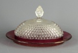 Antique Diamond Point Cranberry Flashed Butter Dish