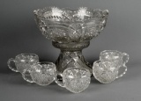 Vintage Hobstar & Diamonds Pressed Glass Punch Bowl on Stand w/ Five Cups