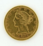1880 US Five Dollar Half Eagle Liberty Head Gold Coin, Condition As Shown