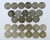 Lot of 27 US Half Dollars (90%): 6 Liberty Walking, 9 Franklin, 12 Kennedy; Condition As Shown