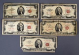 Lot of Five US Notes Two Dollars, Series 1963 (3), 1953A (2), Condition As Shown