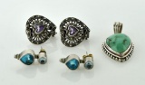 Lot: Turquoise & Sterling Heart Pendant, 2 Prs of Str Silver Earrings: Amethyst, Blue Topaz