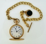 Antique Swiss Made Pocket Watch, 10K Gold Filled Hunter Case, 18K Gold Filled Chain, Bloodstone Fob
