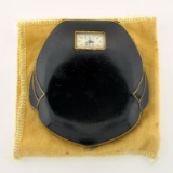 Antique Enameled Black Ladies Makeup Compact & Watch Case w/ Pouch, 3.5 x 3 Inches