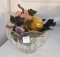 Lot of Carved Alabaster, Onyx and Hardstone Fruit in Pressed Glass Bowl