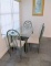 Glass Top Green Enameled Metal Dining Table and 4 Matching Chairs w/ Upholstered Seats