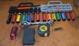 Lot of Misc Tools. SAE & Metric Driver Sets, Multi Wrench, Allen Wrench Set, Measuring Tape, Knife