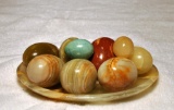 Lot of Collectible Alabaster, Onyx & Other Hardstone Eggs in Onyx Dish
